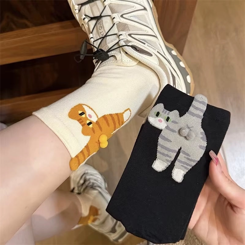 Cartoon Cat Egg Couple Socks Cozy Mid-Calf Cotton Socks for Maternity Warm Winter Cute Present for Christmas Lovers Family Gifts