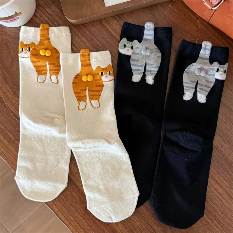 Cartoon Cat Egg Couple Socks Cozy Mid-Calf Cotton Socks for Maternity Warm Winter Cute Present for Christmas Lovers Family Gifts