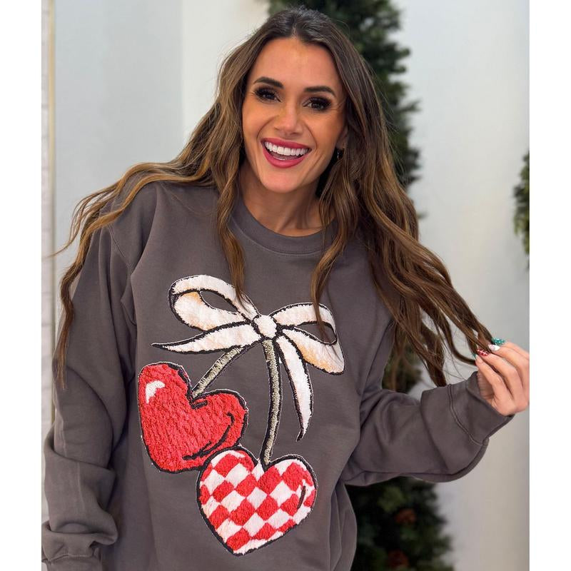 Vday Faux Fuzzy Cherry, Latch Hook Cherry, Retro Valentine'S, Trendy Valentine, Fun Valentines Sweatshirt