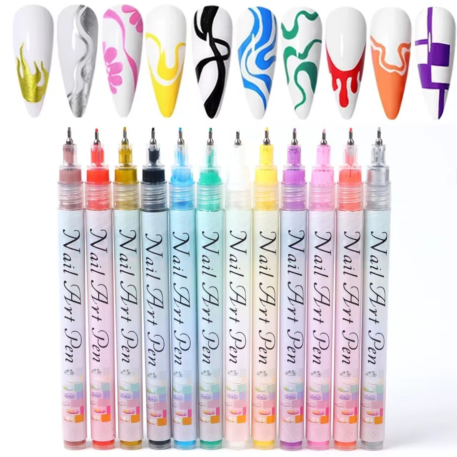 12Pcs/Set Nail Art Graffiti Pen Nail Marker Drawing Abstract Lines Fine Detail Floral Design Waterproof Nail Painting Manicure