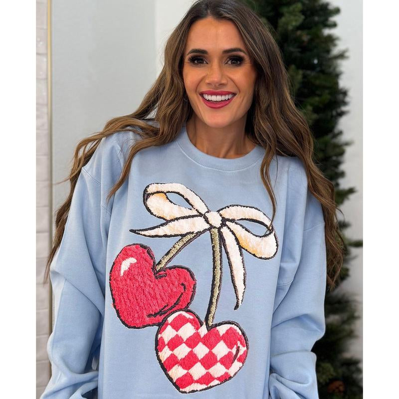 Vday Faux Fuzzy Cherry, Latch Hook Cherry, Retro Valentine'S, Trendy Valentine, Fun Valentines Sweatshirt