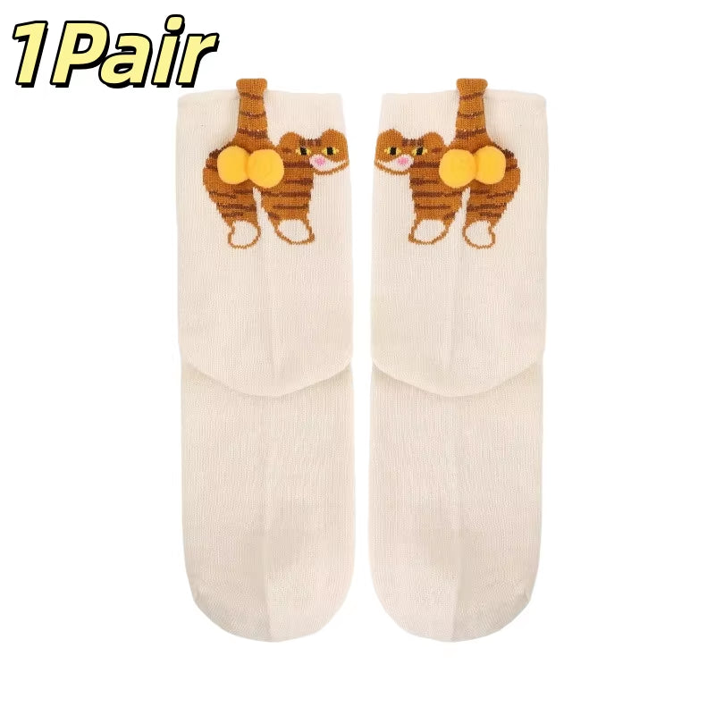 Cartoon Cat Egg Couple Socks Cozy Mid-Calf Cotton Socks for Maternity Warm Winter Cute Present for Christmas Lovers Family Gifts