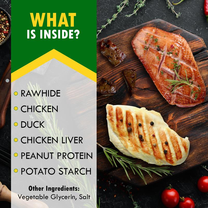 Triple Flavor Dog Rawhide Treats - Long Lasting Chews for Large & Small Dogs Chicken