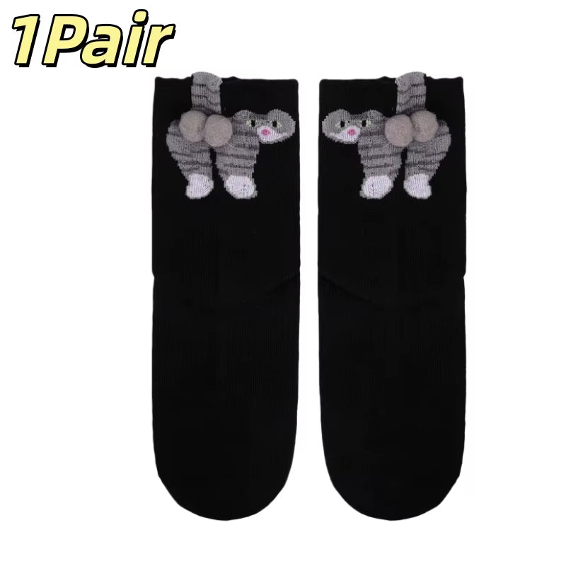 Cartoon Cat Egg Couple Socks Cozy Mid-Calf Cotton Socks for Maternity Warm Winter Cute Present for Christmas Lovers Family Gifts
