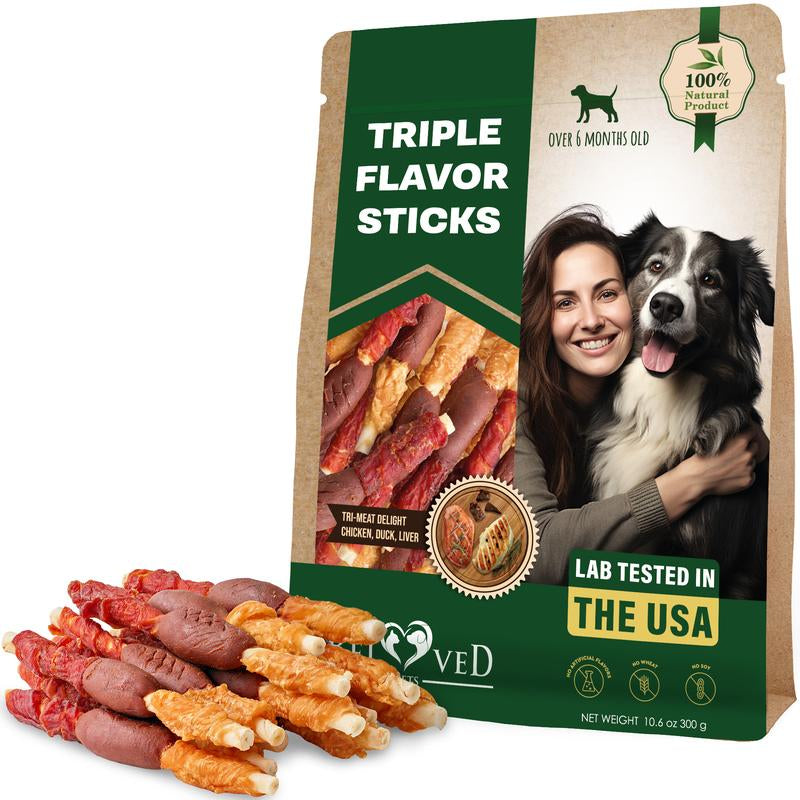 Triple Flavor Dog Rawhide Treats - Long Lasting Chews for Large & Small Dogs Chicken