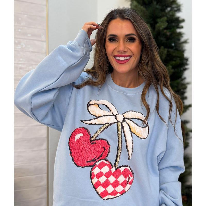 Vday Faux Fuzzy Cherry, Latch Hook Cherry, Retro Valentine'S, Trendy Valentine, Fun Valentines Sweatshirt