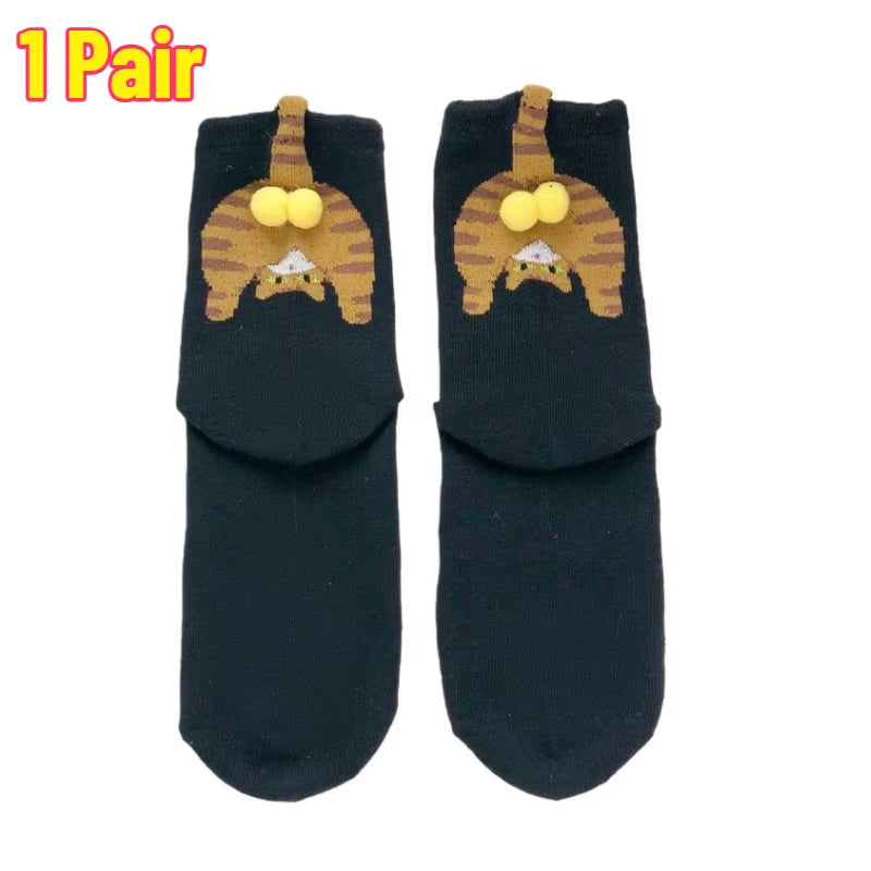 Cartoon Cat Egg Couple Socks Cozy Mid-Calf Cotton Socks for Maternity Warm Winter Cute Present for Christmas Lovers Family Gifts
