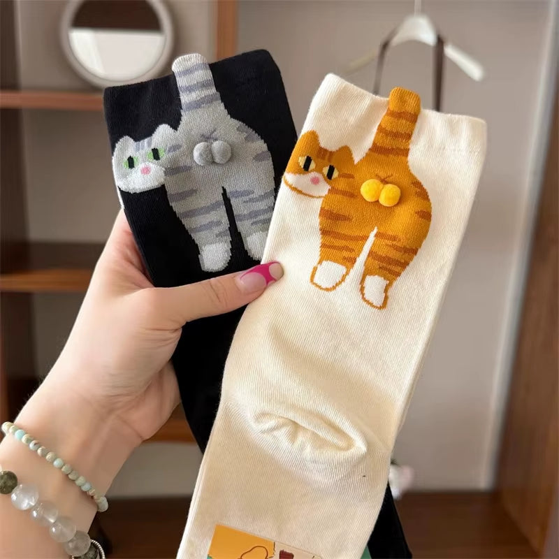 Cartoon Cat Egg Couple Socks Cozy Mid-Calf Cotton Socks for Maternity Warm Winter Cute Present for Christmas Lovers Family Gifts