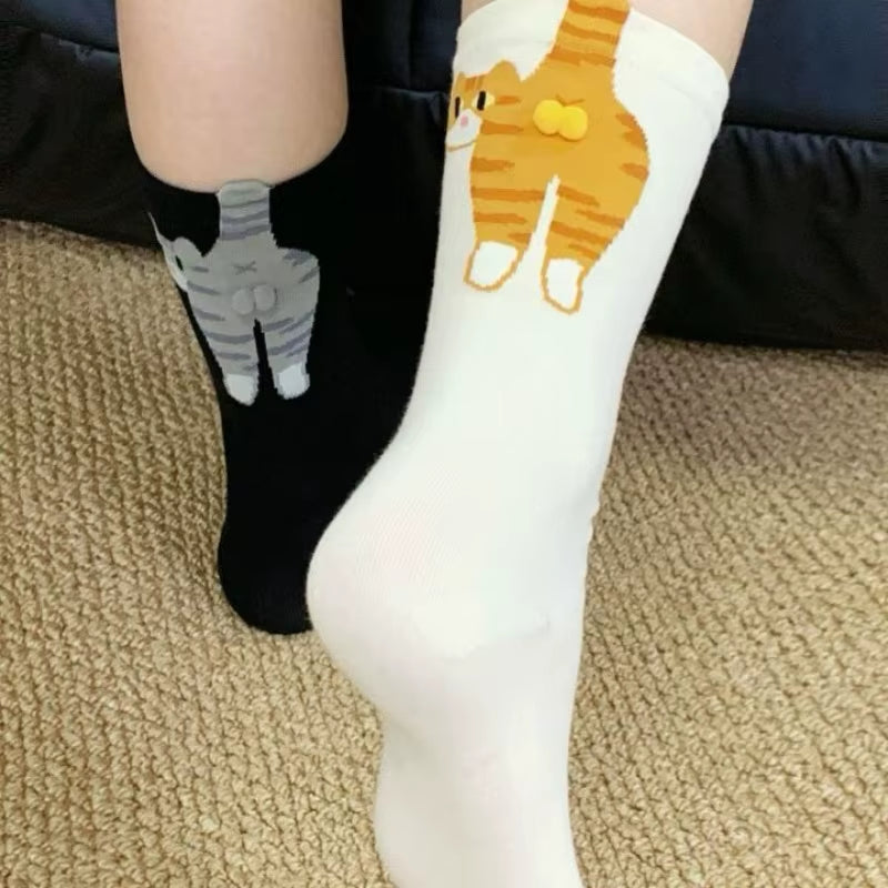 Cartoon Cat Egg Couple Socks Cozy Mid-Calf Cotton Socks for Maternity Warm Winter Cute Present for Christmas Lovers Family Gifts