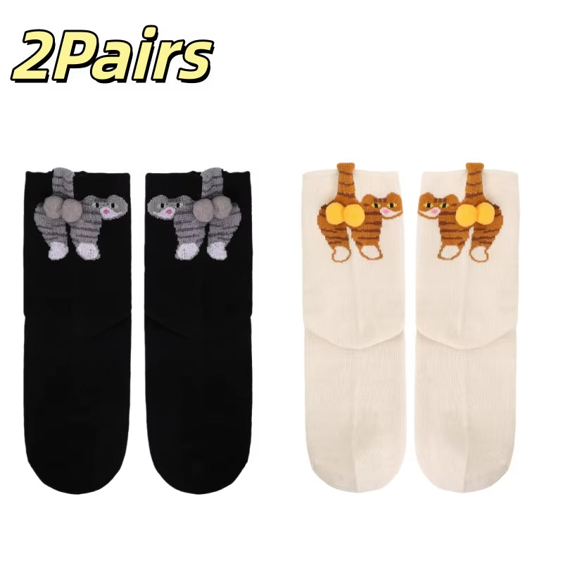 Cartoon Cat Egg Couple Socks Cozy Mid-Calf Cotton Socks for Maternity Warm Winter Cute Present for Christmas Lovers Family Gifts